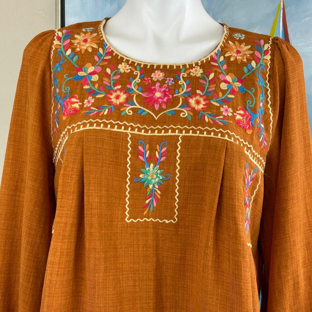 Boho Embroidered Peasant Blouse - Rust - Picture 3 of 7